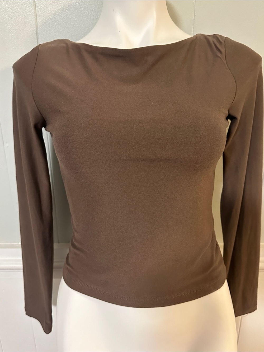 Pink Rose Brown Long Sleeve Boatneck Top